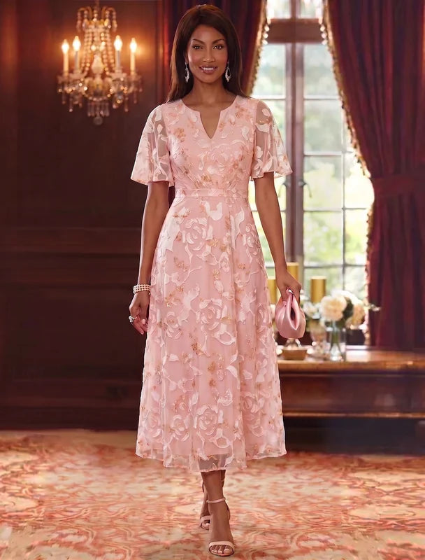 Robe Mère de la Mariée Florale en Mousseline à Col V Ligne A/Princesse Longueur Midi Manches Courtes