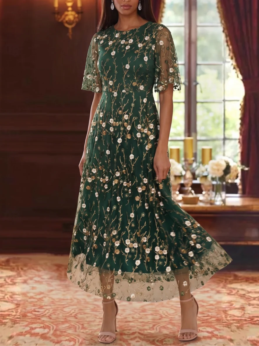 Robe Mère de la Mariée Florale en Dentelle Brodée à Col Rond Ligne A/Princesse Longueur Cheville Manches Courtes