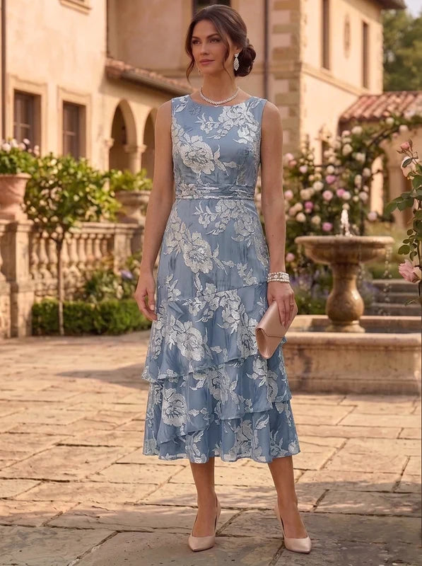 Robe 2 Pièces Mère de la Mariée Florale en Mousseline à Col Rond Ligne A/Princesse Longueur Midi Manches 3/4 à Volants