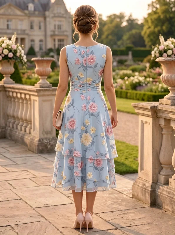 Robe 2 Pièces Mère de la Mariée Florale en Mousseline à Col Rond Ligne A/Princesse Longueur Midi Manches 3/4 à Volants