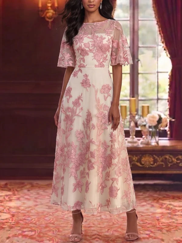 Robe Mère de la Mariée Florale en Dentelle Brodée à Col Rond Ligne A/Princesse Longueur Cheville Manches Courtes