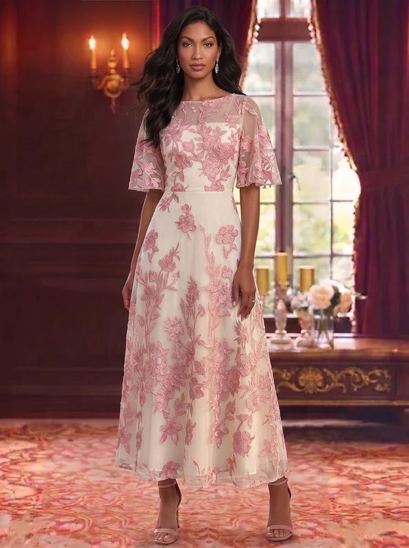 Robe Mère de la Mariée Florale en Dentelle Brodée à Col Rond Ligne A/Princesse Longueur Cheville Manches Courtes