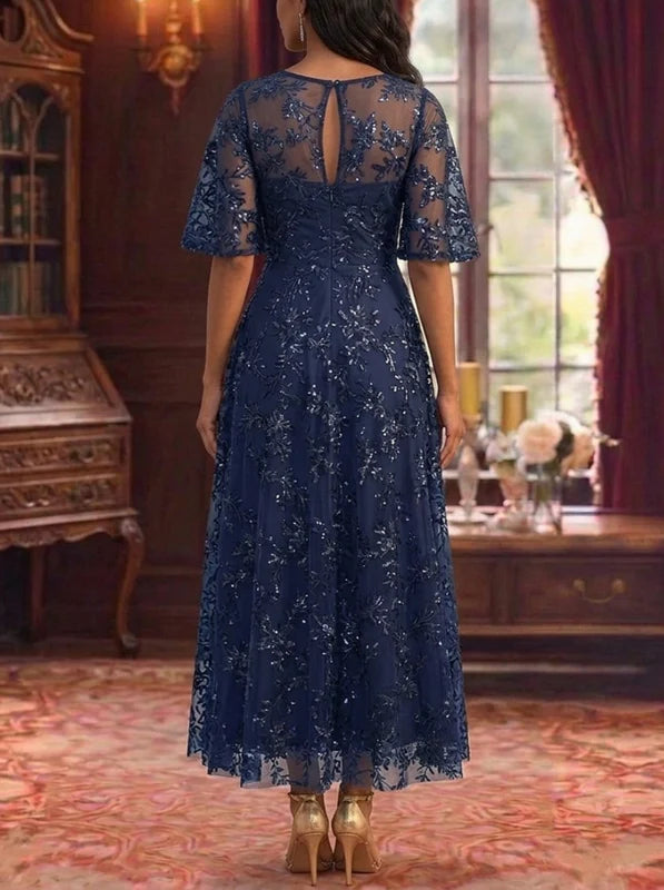 Robe Mère de la Mariée Florale en Dentelle à Col Rond Ligne A/Princesse Longueur Cheville Manches Courtes
