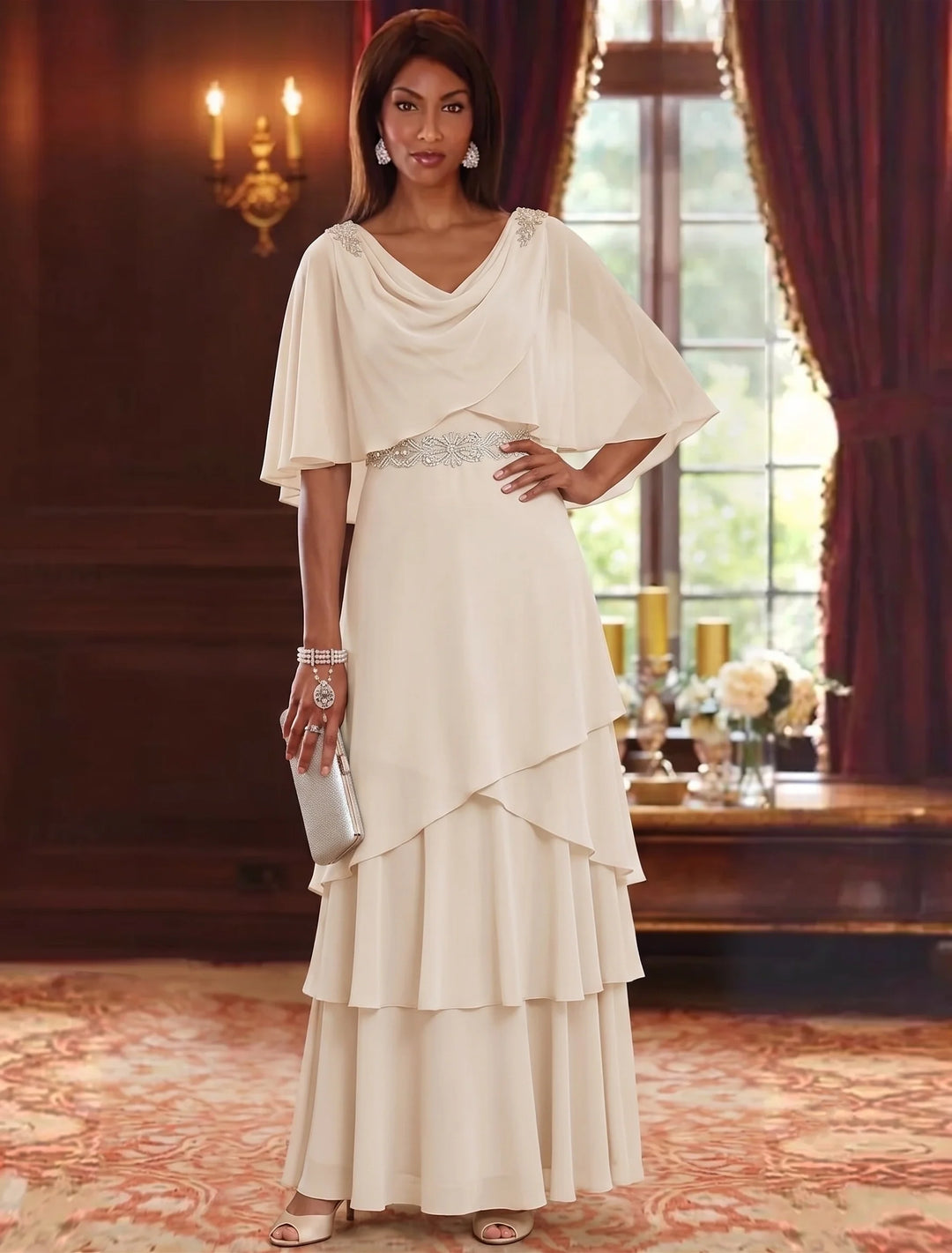 Robe Mère de la Mariée en Mousseline à Col Drapé Ligne A/Princesse Longueur au Sol Manches Cape avec Ceinture à Volants