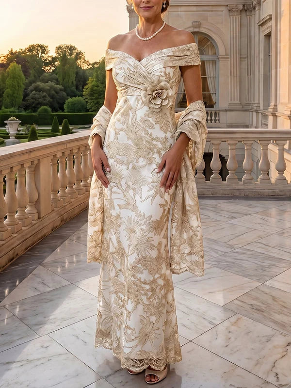 Robe Mère de la Mariée Gaine/Colonne en Jacquard Florale Hors de l'Épaule Sans Manches Longueur Cheville avec Fleurs 3D