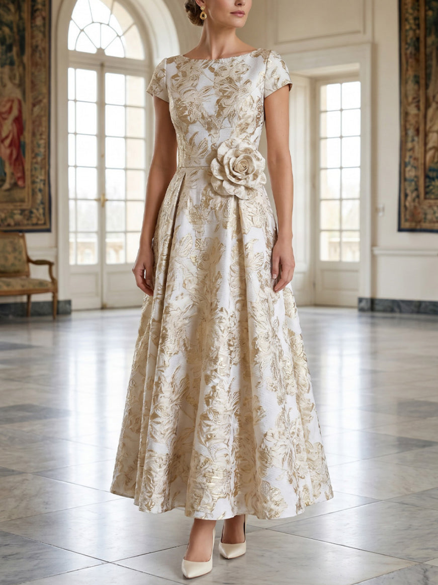 Robe Mère de la Mariée Ligne A/Princesse en Jacquard Florale à Col Rond Manches Courtes Longueur Cheville Florale