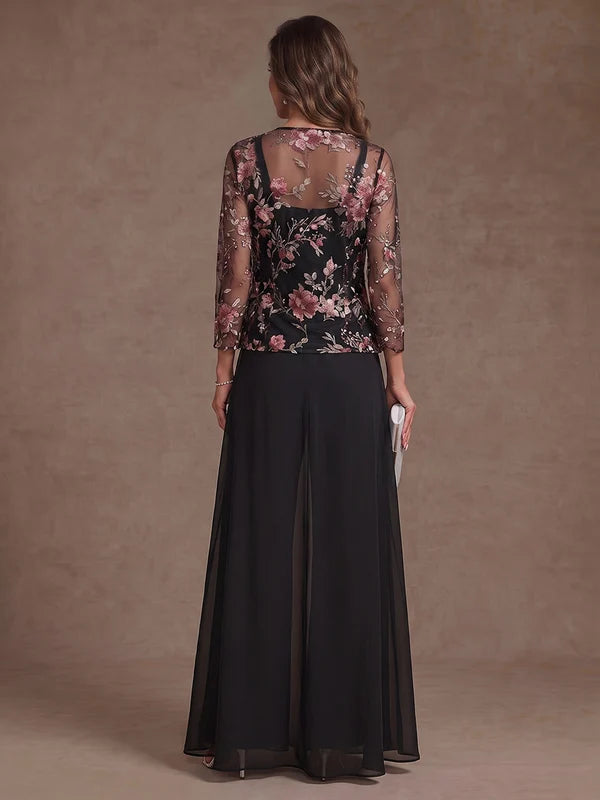 3 Pièces Tailleur-Pantalon Mère de la Mariée Florale en Mousseline à Col Carré Longueur Cheville Manches 3/4 avec SurJupe