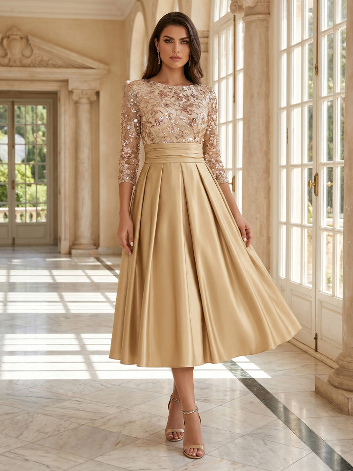 Robe Mère de la Mariée Ligne A/Princesse en Satin Élastique à Col Rond Manches 3/4 Longueur Midi