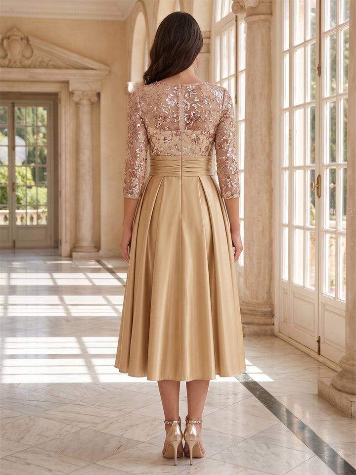 Robe Mère de la Mariée Ligne A/Princesse en Satin Élastique à Col Rond Manches 3/4 Longueur Midi