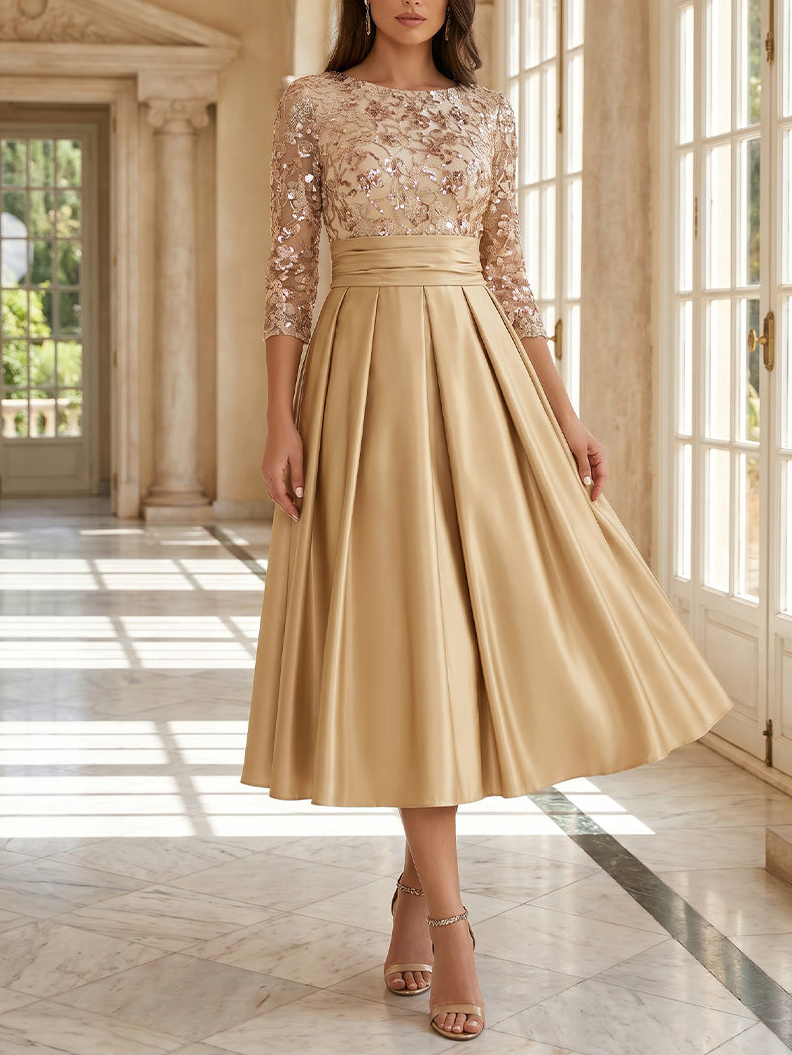 Robe Mère de la Mariée Ligne A/Princesse en Satin Élastique à Col Rond Manches 3/4 Longueur Midi