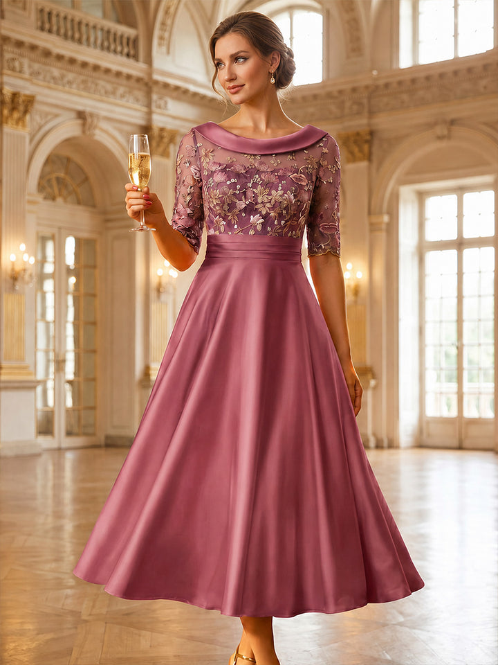 Robe Mère de la Mariée Ligne A/Princesse en Satin à Col Rond Manches Mi-Longues Longueur Midi