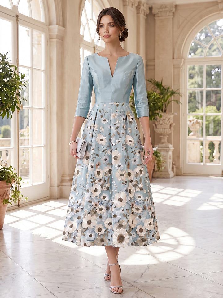 Robe Mère de la Mariée Ligne A/Princesse en Satin Florale Col V Manches 3/4 Longueur Midi