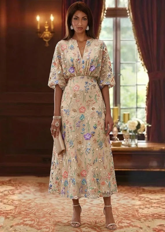 Robe Mère de la Mariée Ligne A/Princesse Dentelle Brodée Col V Manches Mi-Longues Longueur Midi