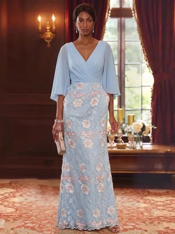 Robe Mère de la Mariée Gaine/Colonne Dentelle Brodée en Mousseline Col V Manches 3/4 Longueur au Sol
