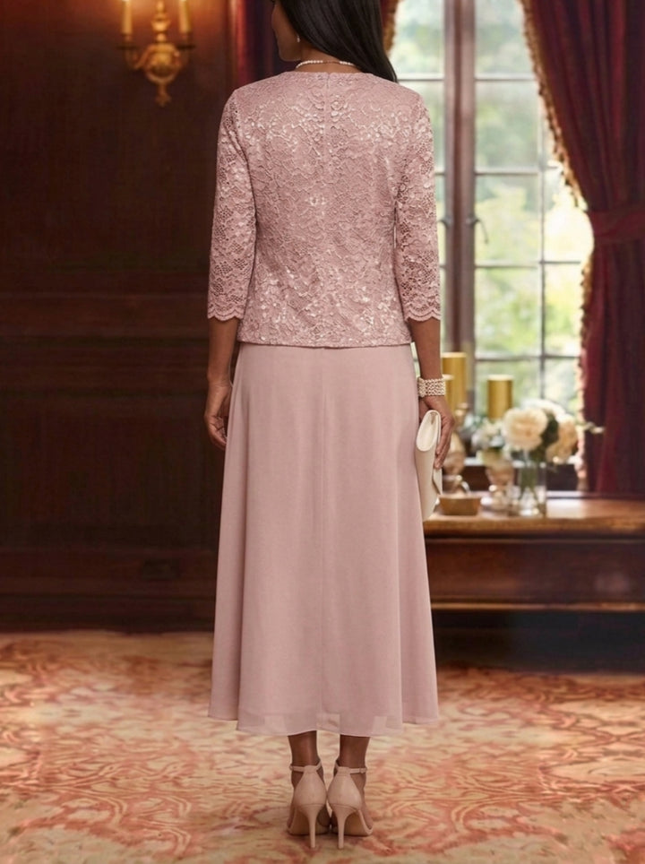 Robe Mère de la Mariée Ligne A/Princesse Florale en Mousseline à Col Rond Manches 3/4 Longueur Midi