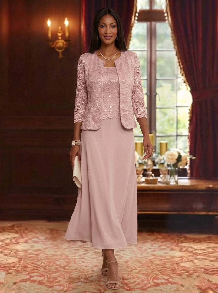 Robe Mère de la Mariée Ligne A/Princesse Florale en Mousseline à Col Rond Manches 3/4 Longueur Midi