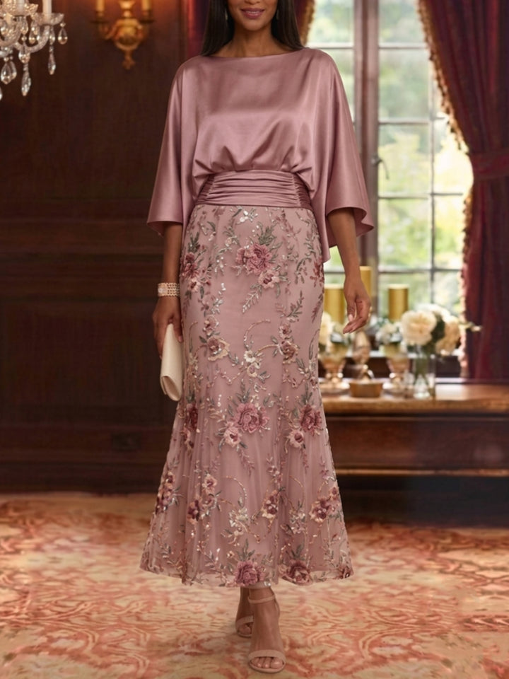 Robe Mère de la Mariée Ligne A/Princesse Dentelle Brodée en Satin de Soie Col Bateau Manches 3/4 Longueur Cheville