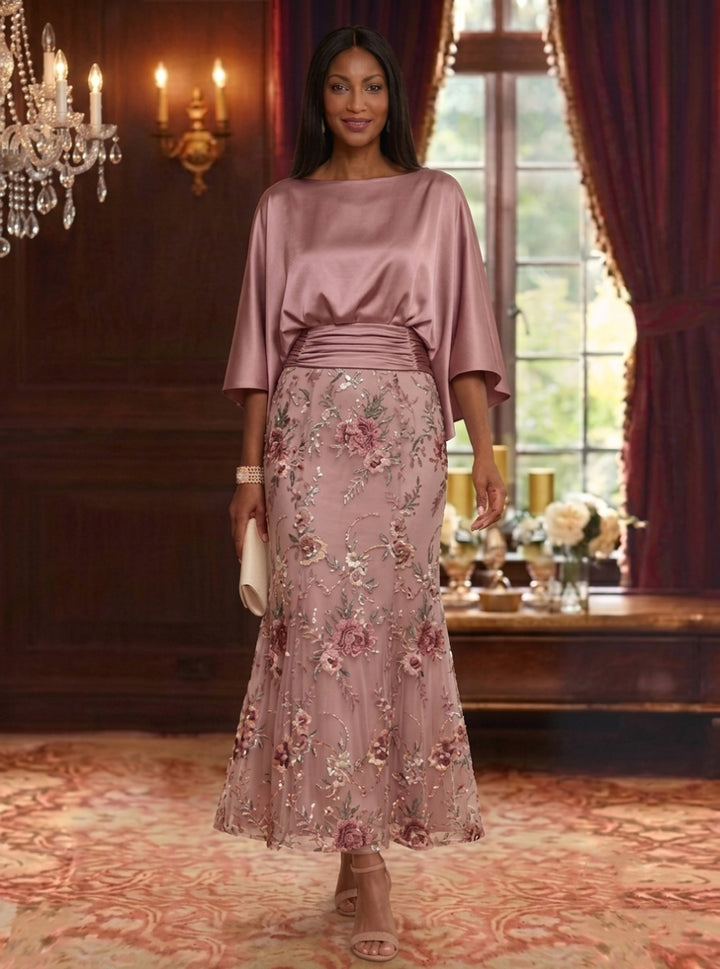 Robe Mère de la Mariée Ligne A/Princesse Dentelle Brodée en Satin de Soie Col Bateau Manches 3/4 Longueur Cheville