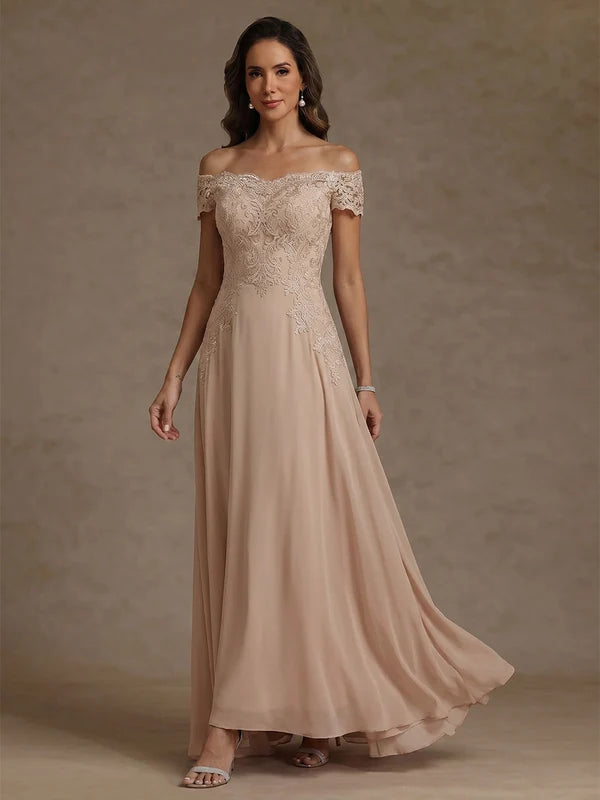 Robe Mère de la Mariée en Mousseline Hors de l'Épaule Ligne A/Princesse Longueur Cheville Sans Manches Dentelle