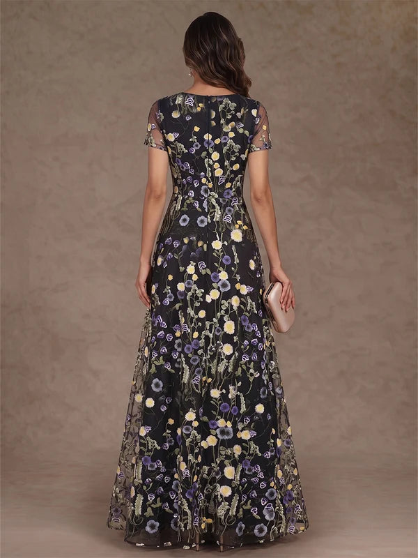 Robe Mère de la Mariée Florale Ligne A/Princess Dentelle Brodée à Col V Longueur au Sol Manches Courtes