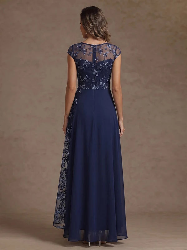 Robe Mère de la Mariée Florale Ligne A/Princess en Mousseline à Col Rond Longueur Cheville Manches Courtes