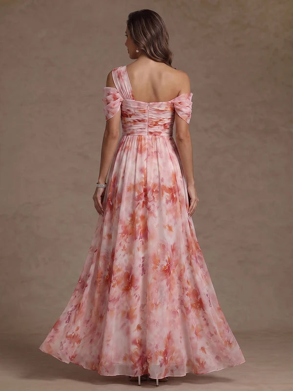 Robe Mère de la Mariée Ligne A/Princesse en Mousseline Florale Une Épaule Nue Longueur au Sol Sans Manches