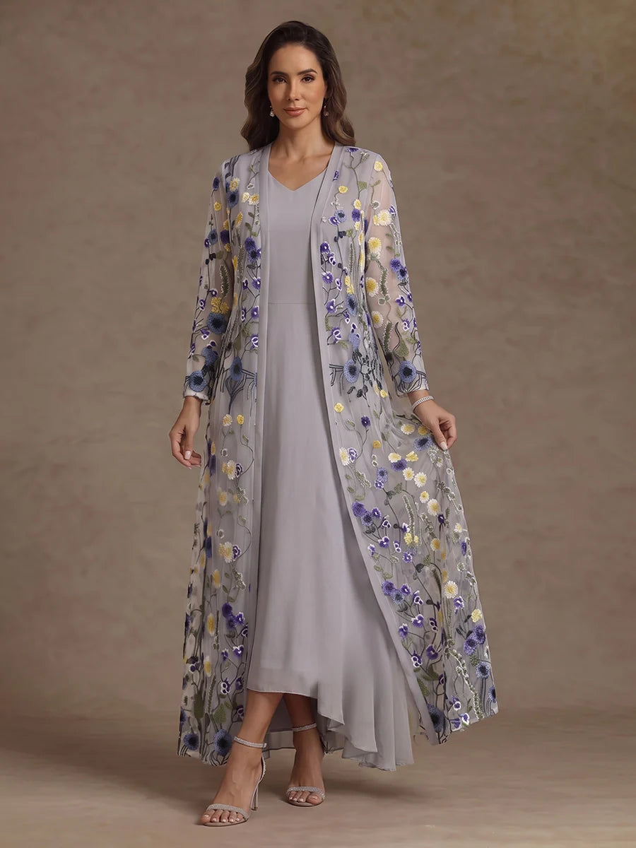 Robe Mère de la Mariée Ligne A/Princesse en Mousseline à Col V Longueur Midi Haut-Bas Manches Longues avec Veste