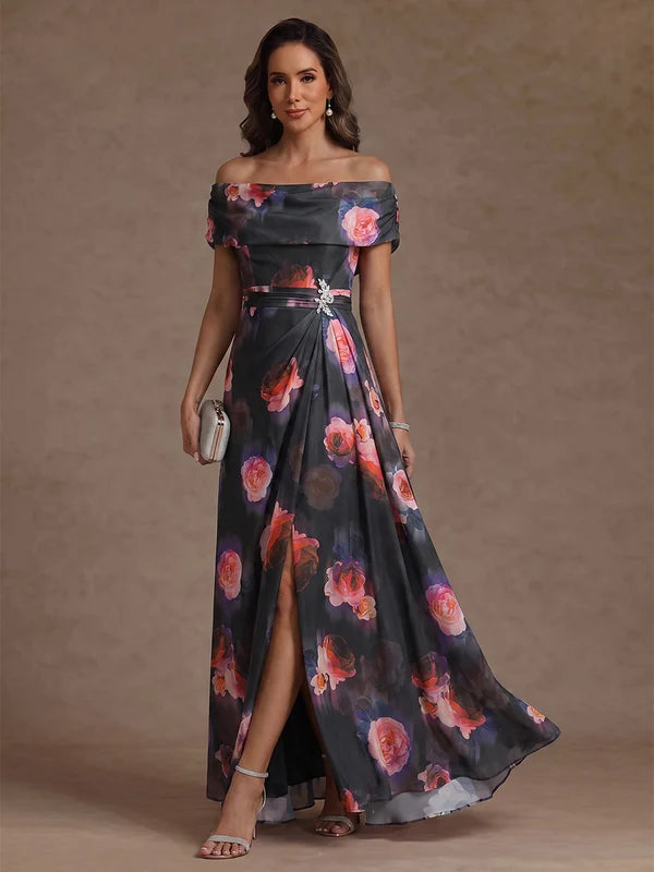 Robe Mère de la Mariée Ligne A/Princesse en Mousseline Florale Hors de l'Épaule Longueur Cheville Sans Manches avec Fente Latérale
