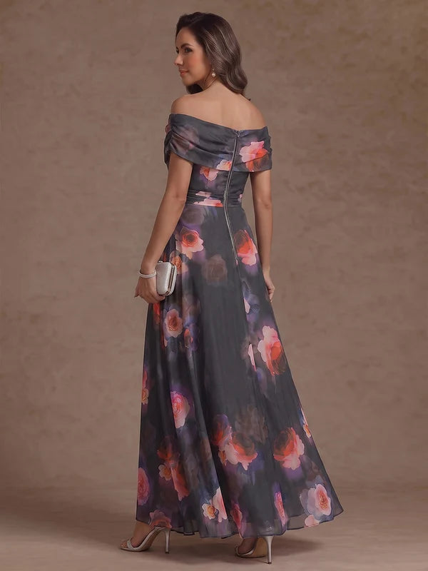 Robe Mère de la Mariée Ligne A/Princesse en Mousseline Florale Hors de l'Épaule Longueur Cheville Sans Manches avec Fente Latérale