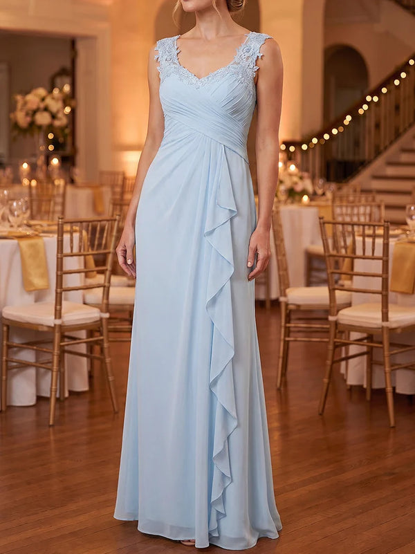Robe Mère de la Mariée Ligne A/Princesse en Mousseline Col Cœur Sans Manches Longueur au Sol à Volantes