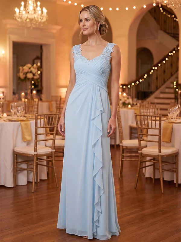 Robe Mère de la Mariée Ligne A/Princesse en Mousseline Col Cœur Sans Manches Longueur au Sol à Volantes