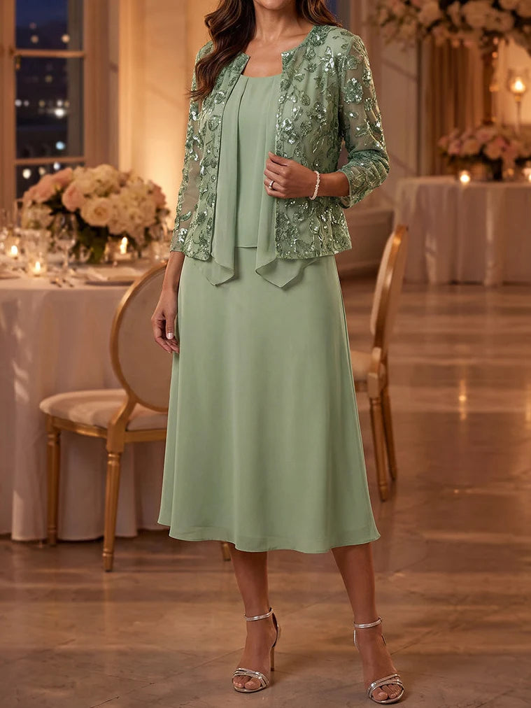 Robe Mère de la Mariée 2 Pièces Ligne A/Princesse en Mousseline Col Rond Manches 3/4 Longueur Midi