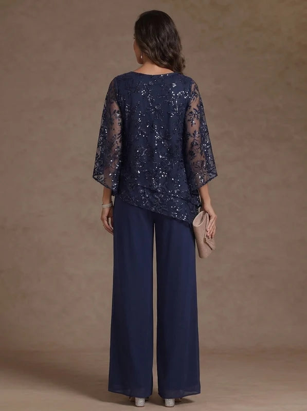 Robe Mère de la Mariée 2 Pièces Tailleur-Pantalon en Mousseline Florale à Col Rond Longueur au Sol Manches 3/4 à Paillettes