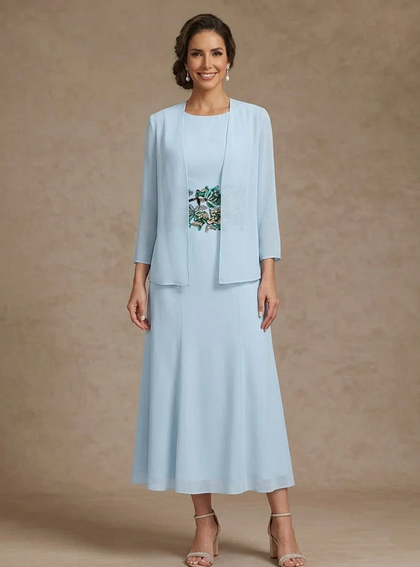 Robe Mère de la Mariée Ligne A/Princesse en Mousseline à Col Rond Longueur Midi Manches 3/4