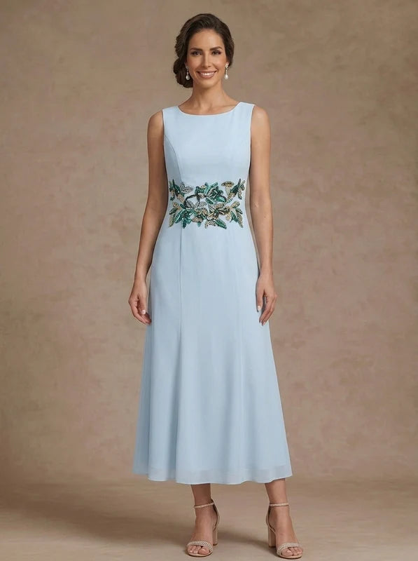 Robe Mère de la Mariée Ligne A/Princesse en Mousseline à Col Rond Longueur Midi Manches 3/4