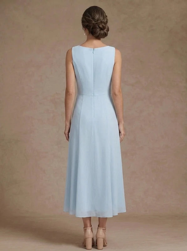 Robe Mère de la Mariée Ligne A/Princesse en Mousseline à Col Rond Longueur Midi Manches 3/4