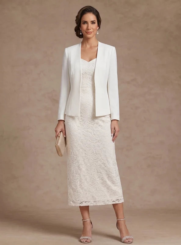 Robe Mère de la Mariée Gaine/Colonne en Satin Élastique à Col Cœur Longueur Midi Manches Longues