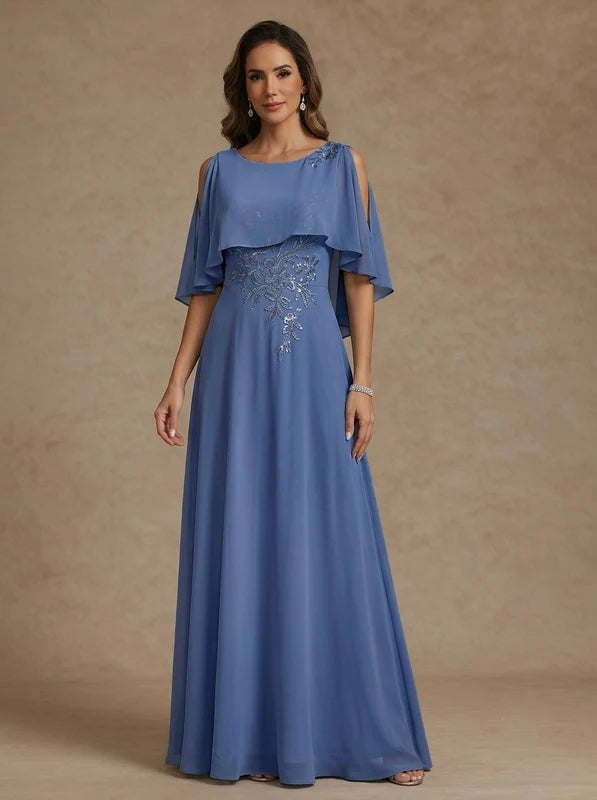 Robe Mère de la Mariée Ligne A/Princesse en Mousseline à Col Rond Longueur au Sol Manches Cape