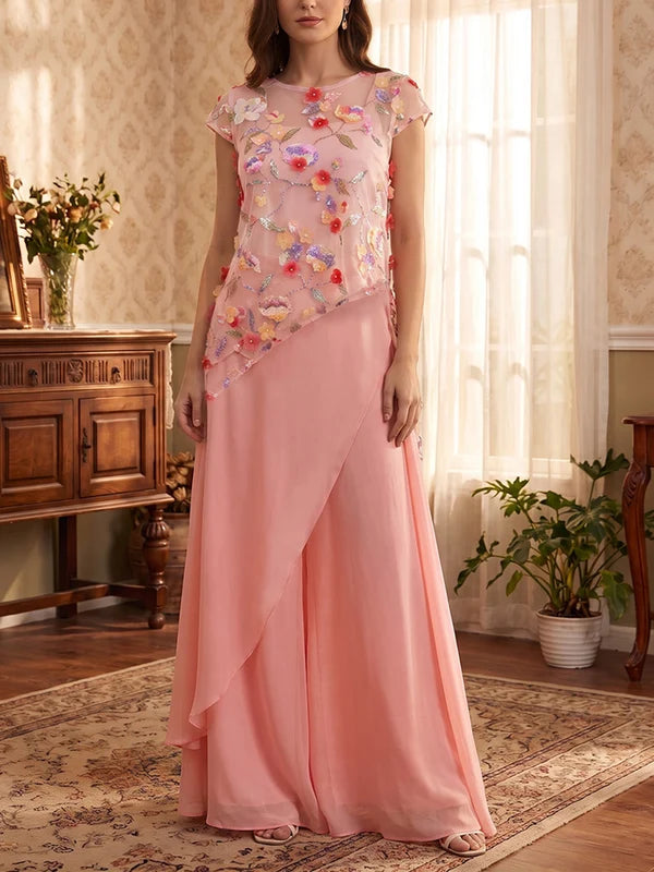 Robe Mère de la Mariée 2 Pièces Combinaison Dentelle Brodée Col Rond Manches Courtes Longueur au Sol
