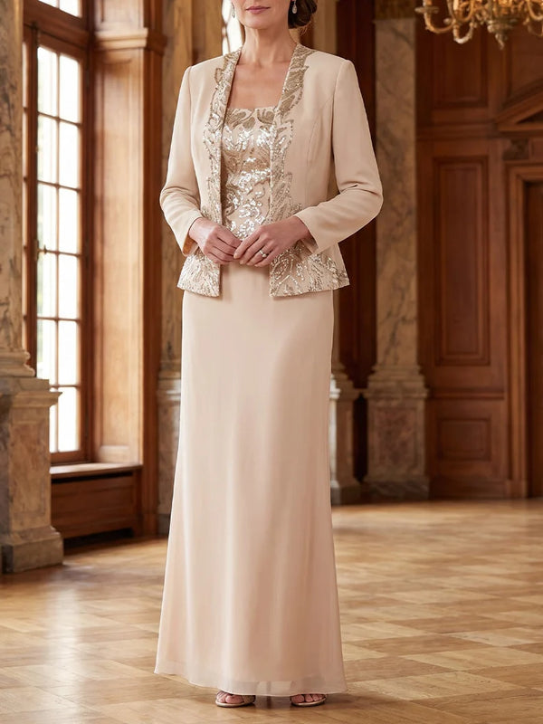 Robe Mère de la Mariée 2 Pièces Gaine/Colonne en Mousseline à Col Rond Manches Longues Longueur Cheville avec Veste