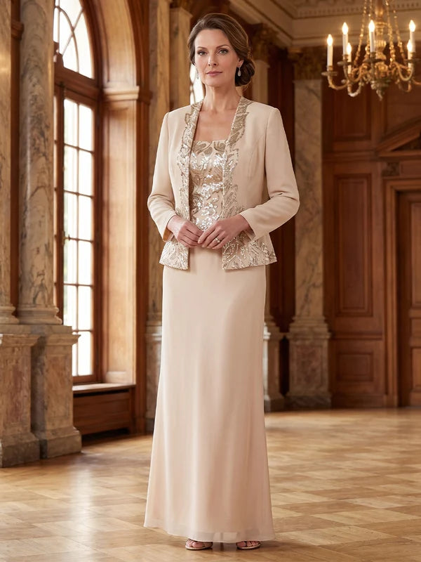 Robe Mère de la Mariée 2 Pièces Gaine/Colonne en Mousseline à Col Rond Manches Longues Longueur Cheville avec Veste