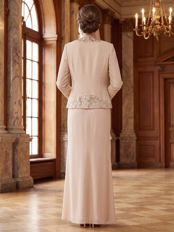 Robe Mère de la Mariée 2 Pièces Gaine/Colonne en Mousseline à Col Rond Manches Longues Longueur Cheville avec Veste