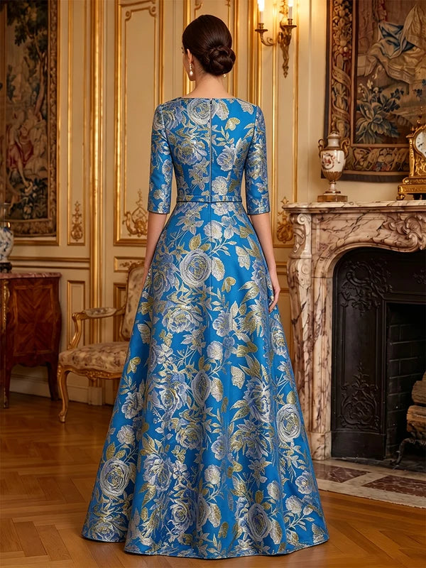 Robe Mère de la Mariée Ligne A/Princesse en Jacquard Col V Manches 3/4 Longueur au Sol avec Ceinture