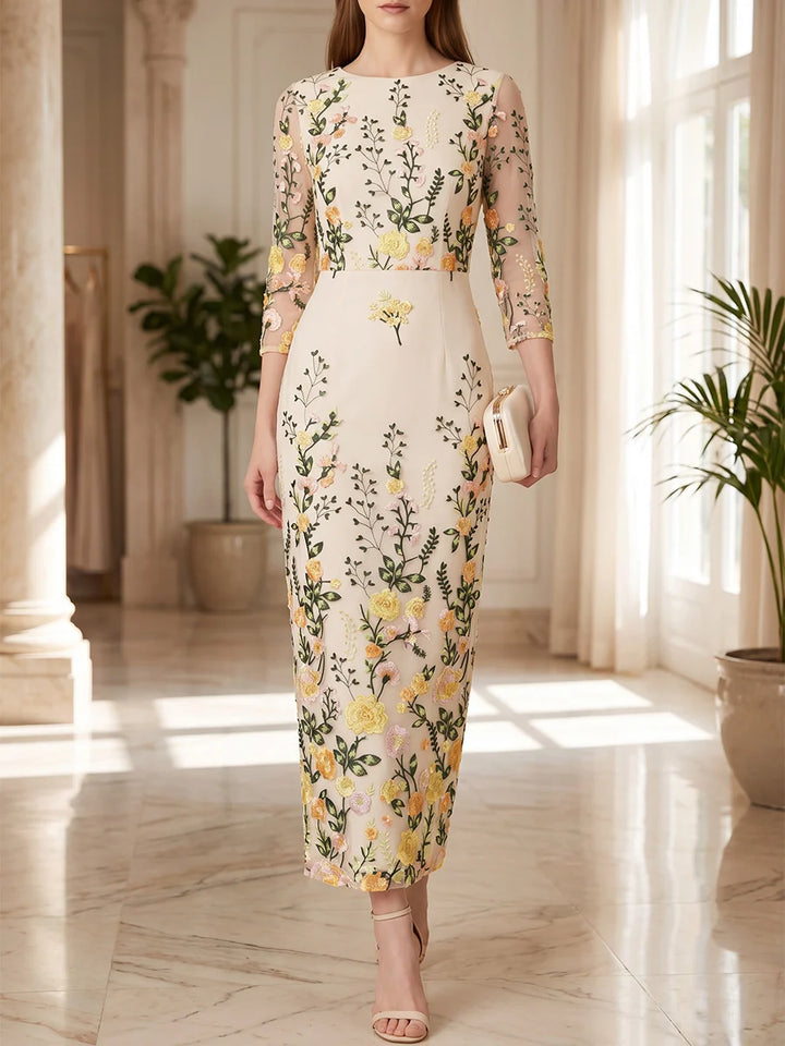 Robe Mère de la Mariée Gaine/Colonne Dentelle Brodée Col Rond Manches 3/4 Longueur Midi Florale
