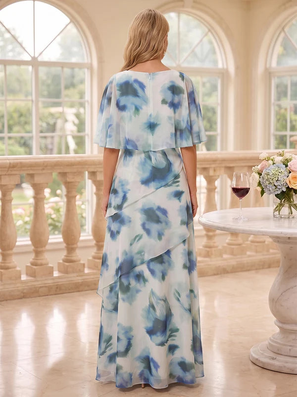 Robe Mère de la Mariée Ligne A/Princesse Mousseline Florale Col Rond Manches Cape Longueur au Sol
