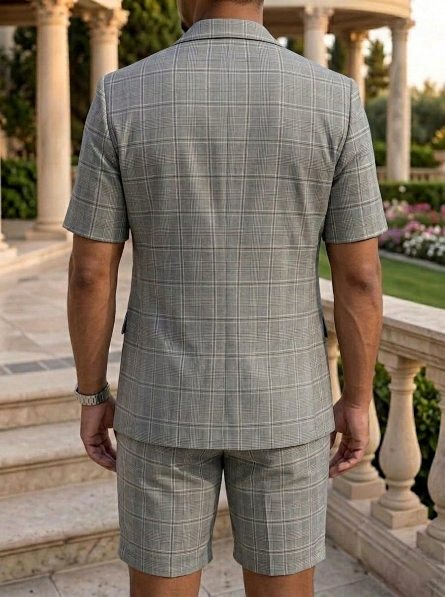 Costume à Carreaux 2 Pièces Simple-Boutonnage Deux Boutons Manches Courtes pour Hommes