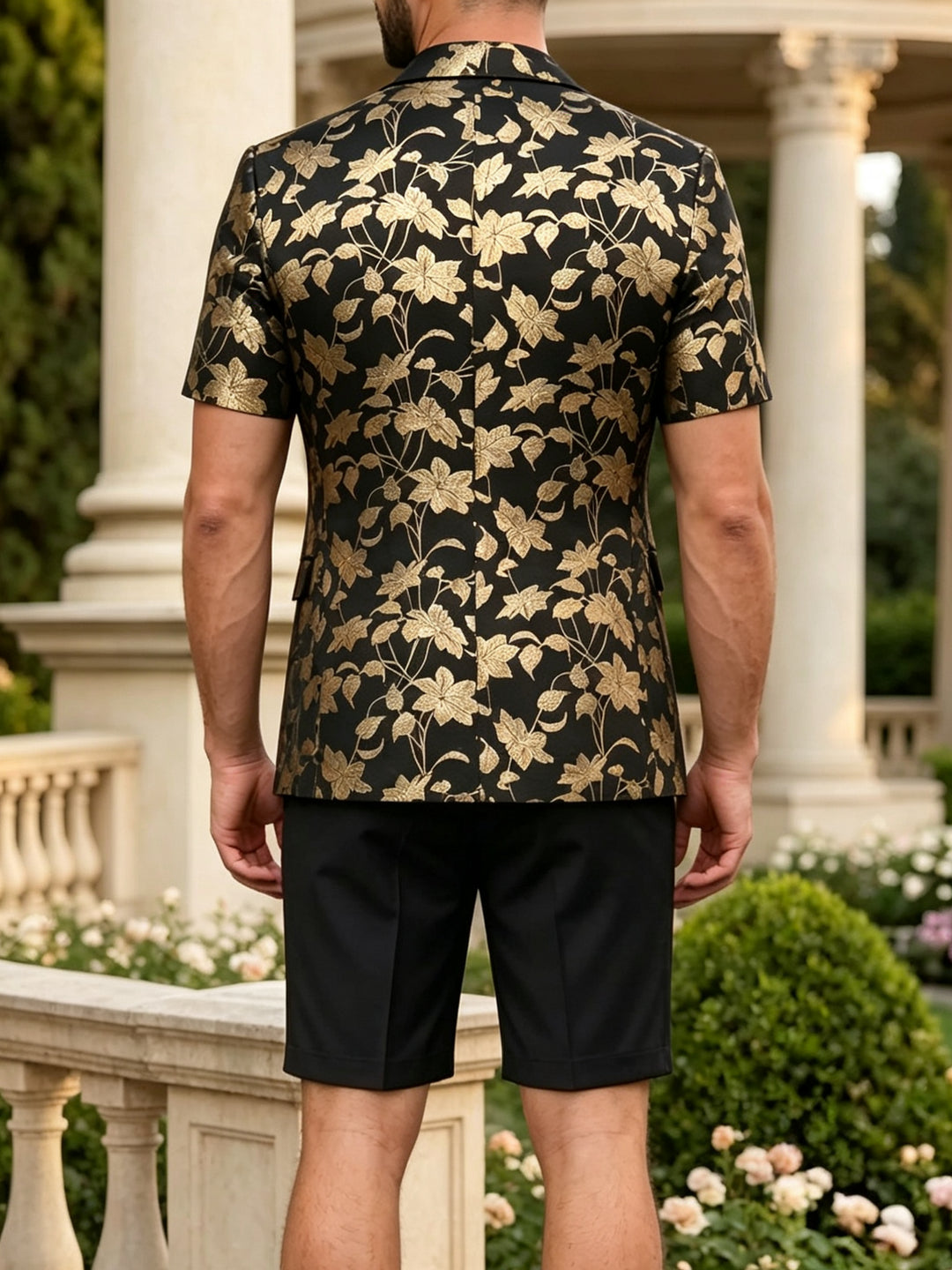 Costume Imprimé Floral 2 Pièces Simple-Boutonnage Un Bouton Manche Courtes pour Hommes