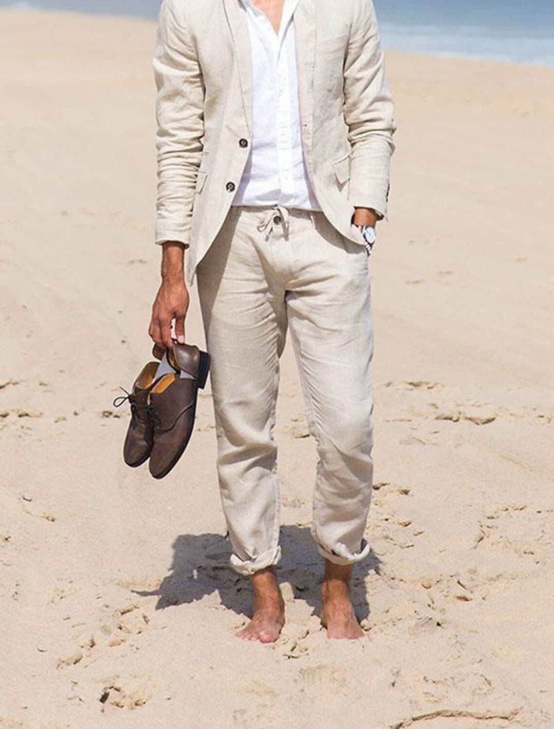 Costumes 2 Pièces en Lin de Couleur Unie à Boutonnage Simple et à Deux Boutons pour Hommes