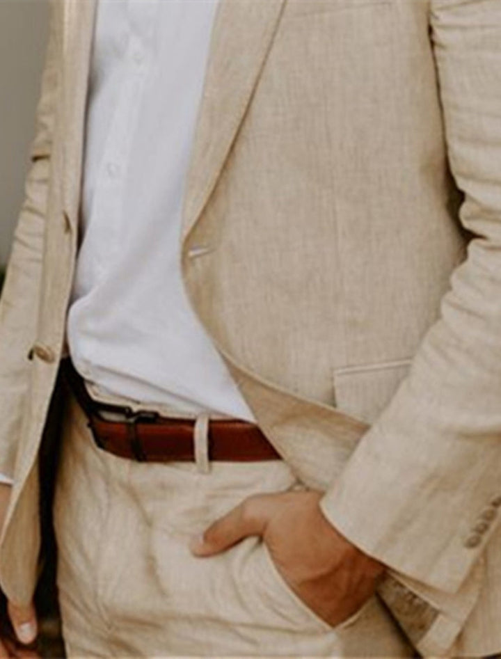 Costumes 2 Pièces en Lin de Couleur Unie à Simple Boutonnage et Deux Boutons pour Hommes, Coupe Ajustée