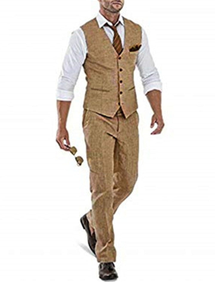 Costumes 2 Pièces en Lin de Couleur Unie à Coupe Ajustée pour Hommes